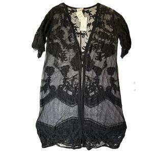 Ember Women Cardigan L Black Cotton Nylon Floral Lace Kimono Open Front V-Neck